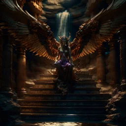 portrait fantastic flying winged medusa in front of a staircase into a portal to the desert in the middle of a waterfall, photo-realistic, shot on Hasselblad h6d-400c, zeiss prime lens, bokeh like f/0.8, tilt-shift lens 8k, high detail, smooth render, down-light, unreal engine, downlight, prize winning