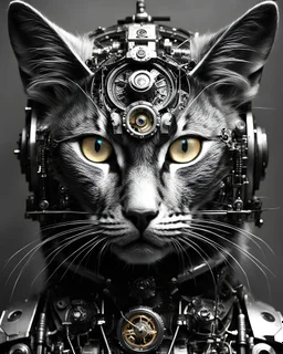 Length photograph mecha face steampunk sci fi portrait of a mechanized cat, or various animals, or mythical creatures, anthropomorphic, high key lighting, 3d bas relief, front view clock, glowing neon nixie cyberpunk eye, wire whiskers cyborg high contrast black and white image