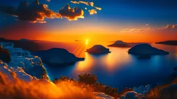 A most beautiful sunset in a greek islands scenery,blue sky,high resolution photo 12K, high quality, ultraHD,, cinematic lighting, close to the surface