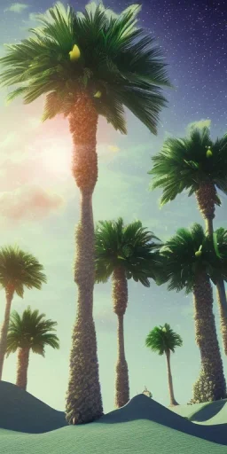 1980's aesthetic vaporwave palm trees with spheres and ufo