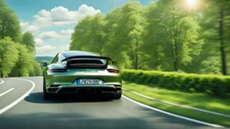 A sleek rear view of (((a cross of porsche and jesko))), on street, with hill and trees around, a beautiful clouds and sunny weather, 4K, Superdetailed, No mistakes