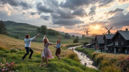 a group of young people are dancing to camera in village center squre over high grassy hills,a small fall and river and wild flowers at river sides, trees houses ,next to Ripe wheat ready for harvest farm,windmill ,some people standing looking the dancers,a few village local shops ,cloudy sun set sky