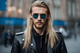 Hyperdetailed, 20-year-old german male, long blonde hair, wearing black leather jacket, neatly trimmed dark beard blue eyes