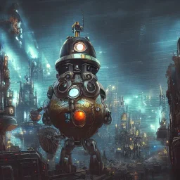 Dystopian, steampunk, cityscape, high resolution, mega robots, mickey mouse