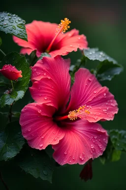 Macro image with morning dew over the hibiscus , raw foto, natural colors, dynamic light and shadow, very detailed scene with intricate details,