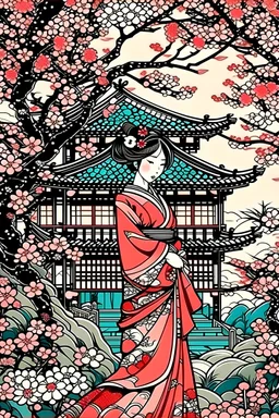 ветка сакуры, японская девушка и дом векторный рисунок
