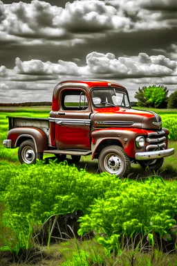 antique red pickup truck in a field no background