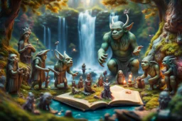 book cover oil painting of archeologists discovering elven woodland creatures in Rivendell worshipping big fat alien troll statues with many head and idols like from a myth or legend, on a strange planet with weird colors and waterfalls, bokeh like f/0.8, tilt-shift lens 8k, high detail, smooth render, down-light, unreal engine, prize winning