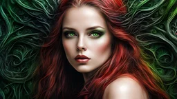 acrylic illustration, acrylic paint, oily sketch,8k beautiful 1girl with long red long hair, H. R. Giger style, intricate, elegant, highly detailed, green eyes, majestic, digital photography, (masterpiece, sidelighting, finely detailed beautiful green eyes: 1.0), hdr, blurry, blurry_background, blurry_foreground, branch, cherry_blossoms, depth_of_field, looking_at_viewer, motion_blur, photo_\(medium\), photo_background, solo, tree, vibrant details, luxurious, absurdres, incredibly absurdres