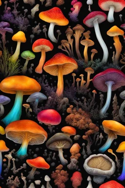 Diseased colourful mushrooms and fungi growing from black oil with a black background in the multiverse