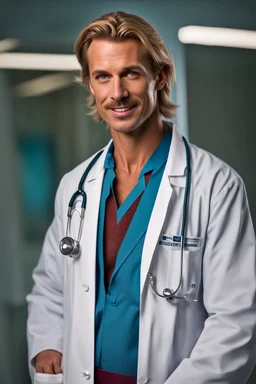 Mid-thirties, Caucasian male doctor, kind smile, blonde hair (slightly disheveled) blonde mustache, pale blue eyes, broad shoulders, muscular, six foot, Hawaiian shirt under white lab coat with bloodstains at the edges. Strong Jaw line, photo realistic