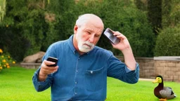 confused older man on the phone in his backyard trying to get the ducks to leave