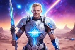 cosmic warrior men, with beautiful face, smiling, with light blue eyes and strong cosmic hi tech weapons, in a magic extraterrestrial landscape with coloured land, stars and bright beam in the sky