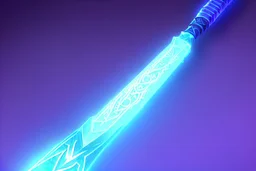 A fantasy straight sword that is made of ice, shimmering with an ethereal blue glow. It's hilt is crafted from swirling vines, leading to a vibrant crystal at the pommel. A black background.