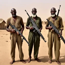 make a picture of 3 poor looking black men in a desert. they are in afghanistan. behind them is a raided village they are holding rifles. they look very very dangerous and have long white beards. they have ak47 rifles