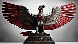 A silver statue of an Egyptian red eagle, with red gems on its profile side view, spreading its wings upwards in a V shape, captured under dramatic lighting and a wide-angle view.