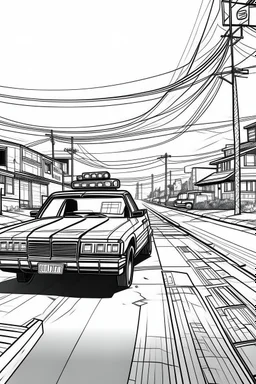 Outline art, no shading, police car on the road, cartoon style, black and white, low detail, --ar 9:11