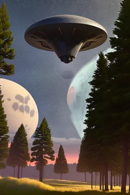 hundreds of school kids see a ufo, flying over tall pine trees, concept art, by Asaf Hanuka, by Weta Digital, Electric Colors, Screen Space Global