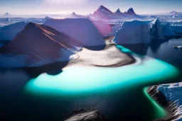 Extreme long shot, Birds Eye view, greenland skyline, smooth, god rays, unreal engine 5, ray tracing, RTX, lumen lighting, ultra detail, volumetric lighting