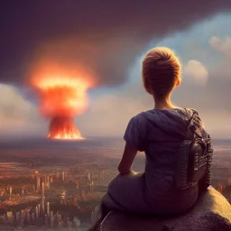 close view from behind of girl on hill watching massive nuclear mushroom cloud, destroyed city below, ultra-realistic, detailed matte, sharp, crisp, 3D octane render, 8k, high-quality, fine-detail, brian froud, howard lyon, selina french, anna dittmann, annie stokes, lisa parker, greg rutowski,