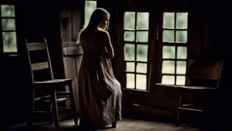 back to camera a young dark blonde pregnant girl leans on the back of an old wooden chair in linen dress, half standing, painful, sad, dark mood, small, old poor country room in a hut, very little light, one lsmall old dirty windows, dark shadows, detalied, sharp focus, high realistic, perfect photo