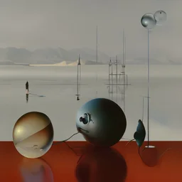 dusk landscape with lake,boat and human body, universe-like Soap Bubble,complex surgical instruments mixed with human body-like musical instruments,minimalism,Painting By Adrian Ghenie, Rene Magritte, Salvador Dali, Lucian Freud