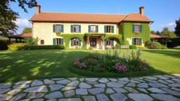 big beautiful country side villa with a large garden and grass and flowers in front and stone pavements