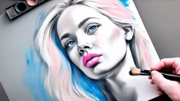 street artist draws a portrait of a blonde woman, charcoal, pencil, pink lips, blue eyes, fine drawing, hand with a brush