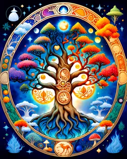 The tree of life consists of four seasons: spring, summer, autumn, winter, light, time, darkness, star, moon, sun, yang-ying, water, wind, soil, fire, love, blue magic mushroom, and lion symbol.