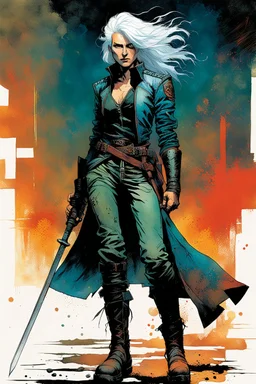 create an imaginative full body print illustration of an ethereal, otherworldly , ghost haired, female grandmaster Witcher in a tattered battle worn leather doublet and boots , in the comic book art style of Bill Sienkiewicz, Mike Mignola, and Jean Giraud Moebius, with highly detailed feminine facial features , finely drawn, colored and inked,