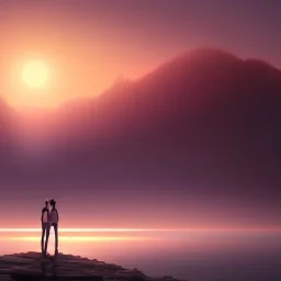 two persons, standing back to back under sky, landscape lake, sunset, illustration concept art anime by makoto shinkai and wlop