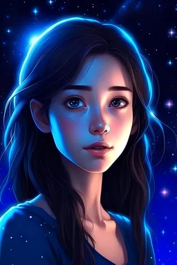 Beautiful animated girl under a starry-eyed night. Dynamic. Ultra realistic