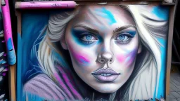 street artist draws a portrait of a blonde woman, charcoal, pencil, pink lips, blue eyes, fine drawing, hand with a brush