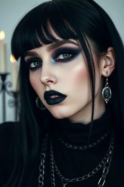 minimalism,amazingly beautiful fashion gothic girl black makeup closeup portrait covered in black lathered custom and heavy metal style , charm chains and candles in the background
