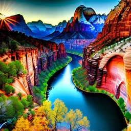 Zion National Park, Utah,aerial view,cloudy,extremely detailed digital painting, high resolution,8k, realistic, beautiful, volumetric lighting, mystical colors ,perfectly centered image, perfect composition, rim light, beautiful lighting,masterpiece, stunning scene, raytracing, anatomically correct, in the style Van Gogh and robert e howard and Ken Kelley and Ohrai Noriyoshi and Simon Bisley and tomzj1.