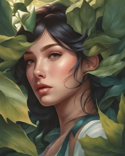 a painting of a woman surrounded by leaves, featured on artgerm, as seen on artgerm, artgerm 4 k, beautiful fantasy art portrait, extremely detailed artgerm, realistic cute girl painting, artgerm and rossdraws, beautiful anime portrait, artgerm and james jean, stanley artgerm lau, artgerm. anime illustration