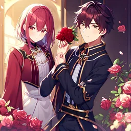 In anime, a maroon-haired male character with a rose flower is in sakura.