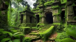 Explore the mysterious ancient ruins hidden deep within the jungle, where crumbling stone walls are adorned with intricate carvings and overgrown with lush green vines.