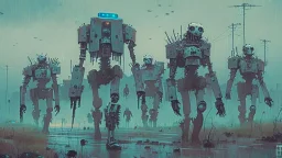 Army of the undead marching, post apocalyptic fashion, ((holographic grunge cyborg robot army)) melancholy robot mechs, RAW, gritty, high exposure, high contrast, digital & analog HUD, Spacepunk, indie horror, (((science fiction painting, Simon stålenhag, Denis Sarazhin, Alex Colville, Romain Trystram, Christopher Shy, Alejandro Burdisio, Rene Magritte, Tye Martinez, ominous sky))), alternate reality art, obscured lights, RAW, GRITTY, dark minimalism, ambiguity, dark avant garde retrospective