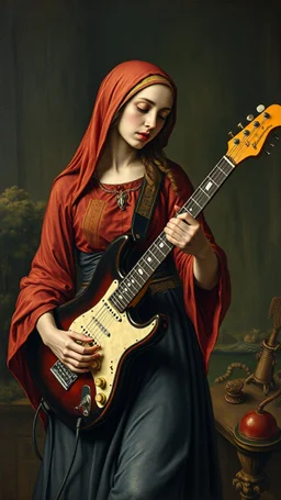 Hieronymus Bosch style , a woman playing the electric guitar