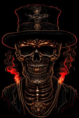 gangster skeleton portrai, black smoking, smoke, realistic, gold necklace, rose, earring, dark, scary, dramatic studio lighting, very detailed, high contrast, intricate, detailed illustration, huge mouth with fangs and drool, christmas three, gifts, firework, 4k, realist, blackground,galaxy,teeth,robot,samurai,eart,