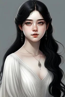 a 16 year old woman, white skin, medium length wawy black hair, beautiful face, black eyes, round body, in a white dress, realistic epic fantasy style