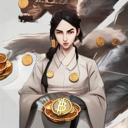 Bitcoin cryptocurrency in the hands of a traditional chinese girl, dragon