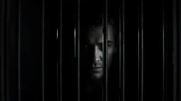 parallel prison window bars in foreground, dark prison cell behind them, hidden human face partially visible through the window bars, identity obscured by darkness, cinematic lighting, psychological imprisonment, existential symbolism, ultra realistic, dark atmosphere, high contrast shadows, masterpiece