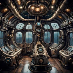 Steampunk submarine interior,big windows,Sony Alpha 7 50mm 1.8,medium shot,high-resolution image with fine details,ultra detailed,extremely realistic,intricate,photorealistic,epic composition,masterpiece,H.R.Giger style