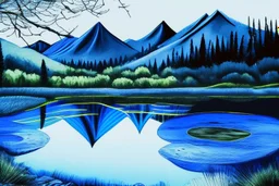 black, blue and white colors, fullmoon, pond, mountain, forest