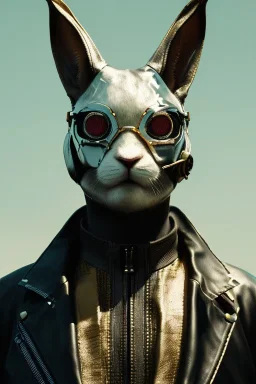 Medium Close Up Portrait, Front image. cyberpunk, rabbit mask, British man, white short hair. leather, gold suit. White, black, red, color. Retro futuristic style. Color background, photo studio. Avatar image, highly detailed, concept art, smooth, unreal engine 5, god rays, ray tracing, RTX, lumen lighting, ultra detail, volumetric lighting, 3d, finely drawn, high definition, high resolution.