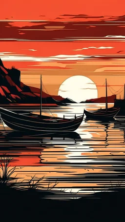 Delve into the tranquility of a coastal landscape art, featuring a fishing boat at a lake during sunset. The flat background style and darkly romantic illustration, in hues of dark amber and red, evoke a sense of serene beauty.