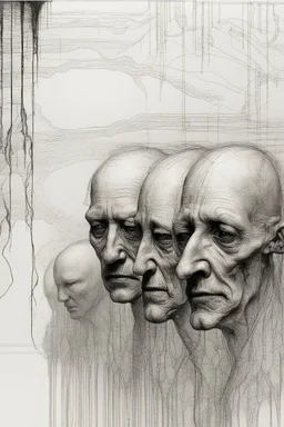 The full body of two fat old men , a thin line draw ، Siamese brothers with one body of two heads , front view camera, decayed and rotting with grotesque proportions and imagery. surreal horror, biomechanical design, by hr giger and beksinski , fine lines draw