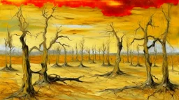 Orangish yellow bony wastelands with dry trees painted by Claude Monet